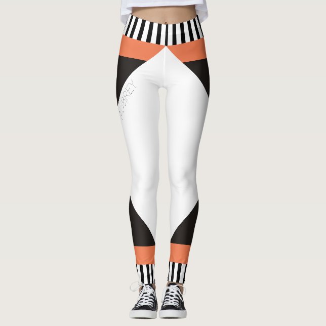 Leggings Bandes géométriques noir et blanc corail moderne (Devant)