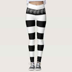Leggings Bandes noires et blanches avec dentelle