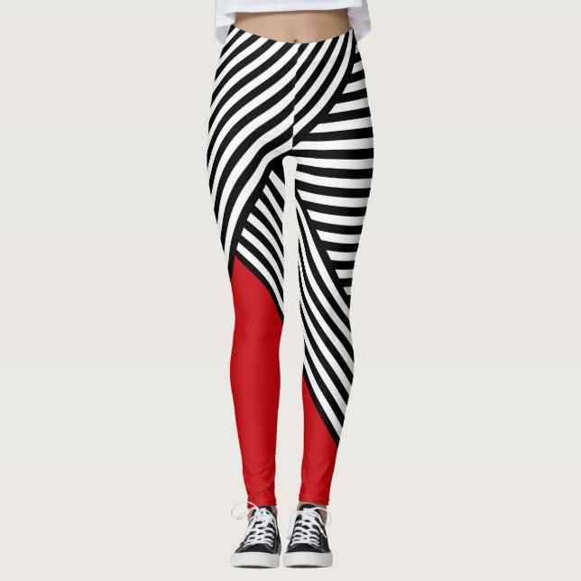Leggings Bandes noires et blanches avec triangle rouge (Devant)