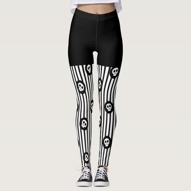 Leggings Bandes noires et blanches et petit crâne Halloween (Devant)