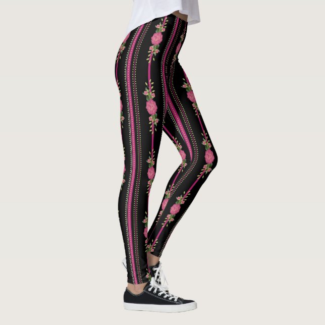 Leggings Bandes noires et roses et pattes florales (Droite)