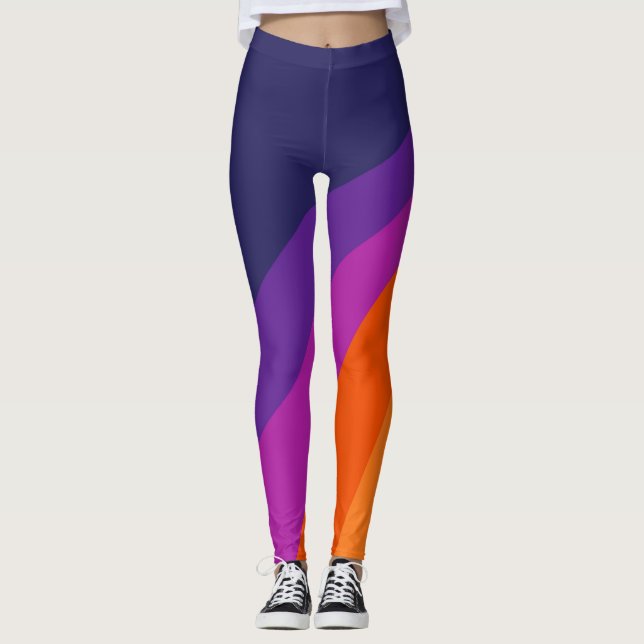 Leggings Bandes rétro en diagonale violette et orange (Devant)