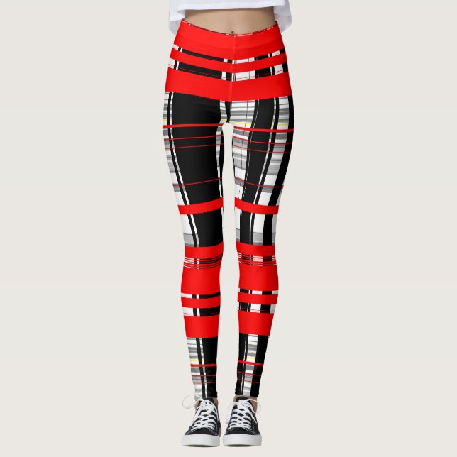 Leggings Bandes rouges et blanches noires abstraites (Devant)