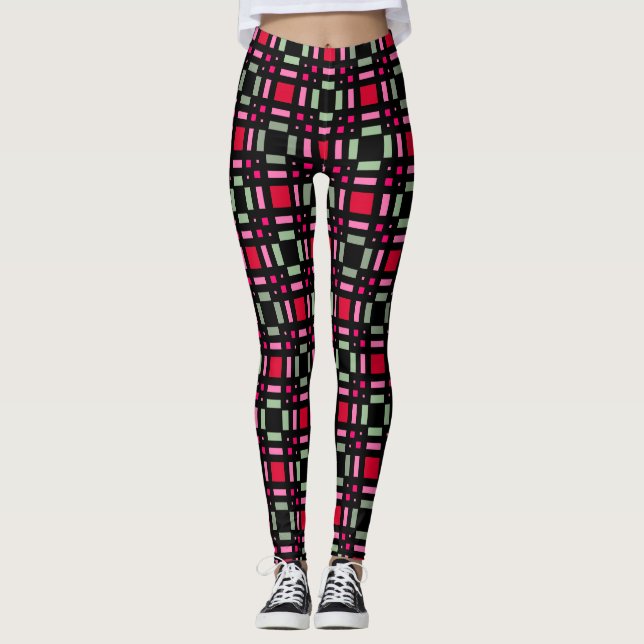 Leggings Bandes rouges rouges rouges vertes géométriques (Devant)
