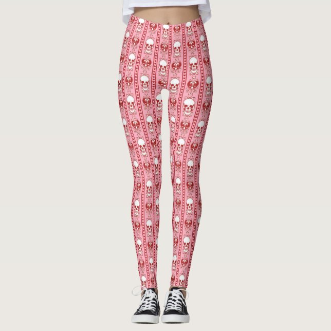 Leggings Baroque Crâne Motif rose rouge (Devant)