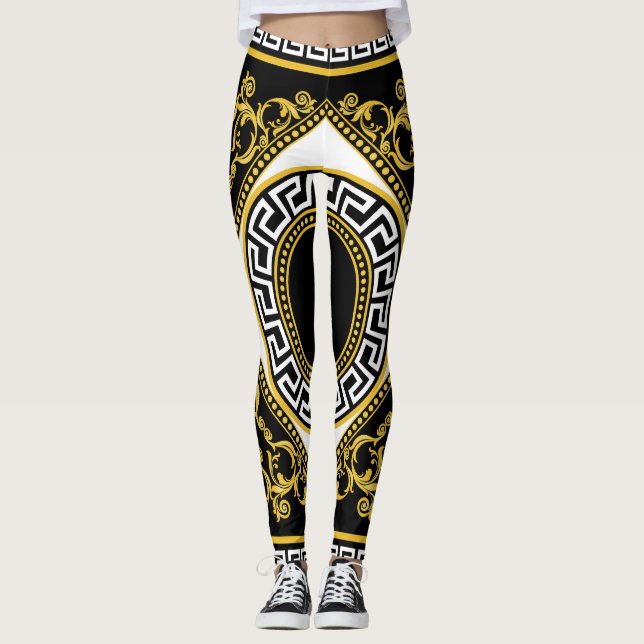 Leggings Baroque d'or : frontière noire grecque (Devant)