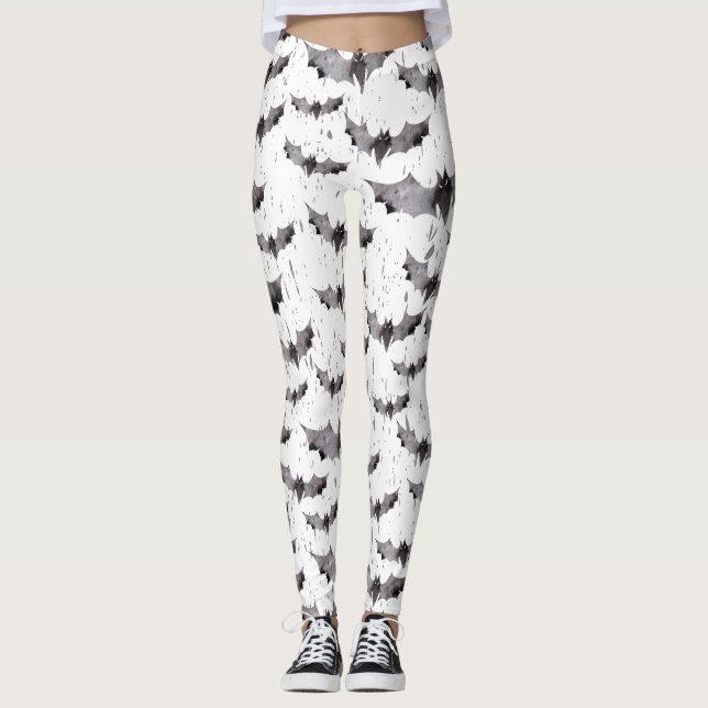 Leggings Bats d'aquarelle noir et blanc mignons Halloween (Devant)
