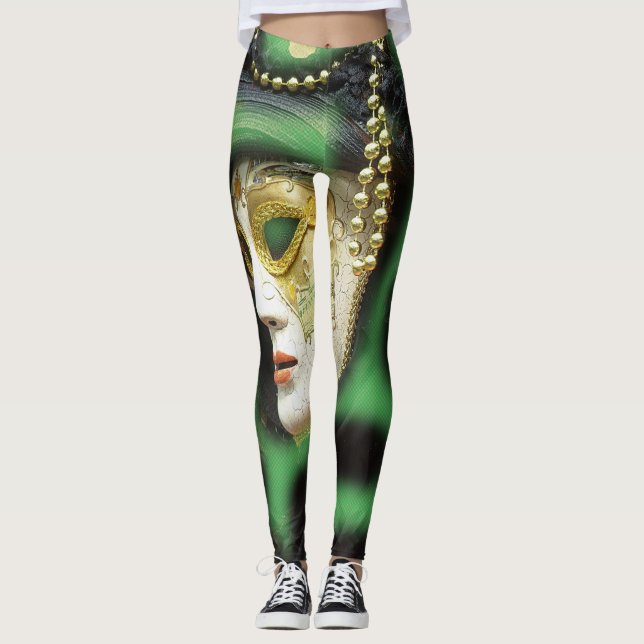 Leggings Beau masque de mardi gras de blanc et d'or (Devant)