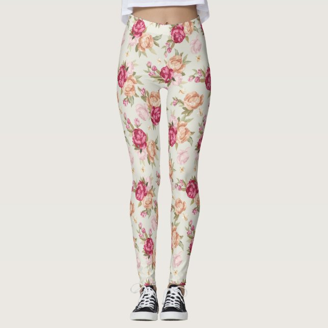 Leggings Beau motif de pivoine de couleur sur le vert (Devant)