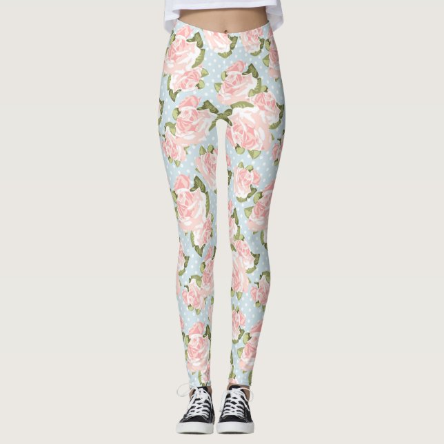 Leggings Beau motif de rose avec le pois bleu (Devant)