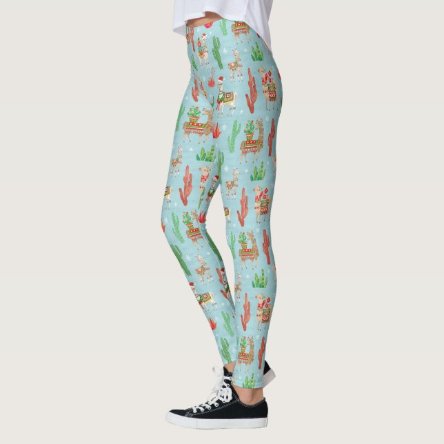 Leggings Beau motif turquoise de lumière de Noël de lamas (Gauche)