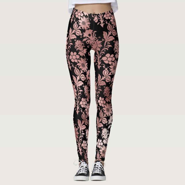 Leggings Beau rose floral damassé noir (Devant)