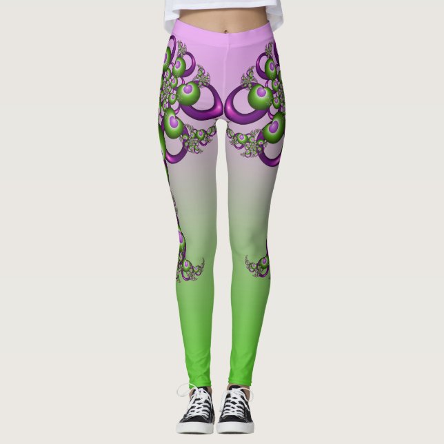 Leggings Beaux cœurs verts roses modernes abstrait fractal (Devant)