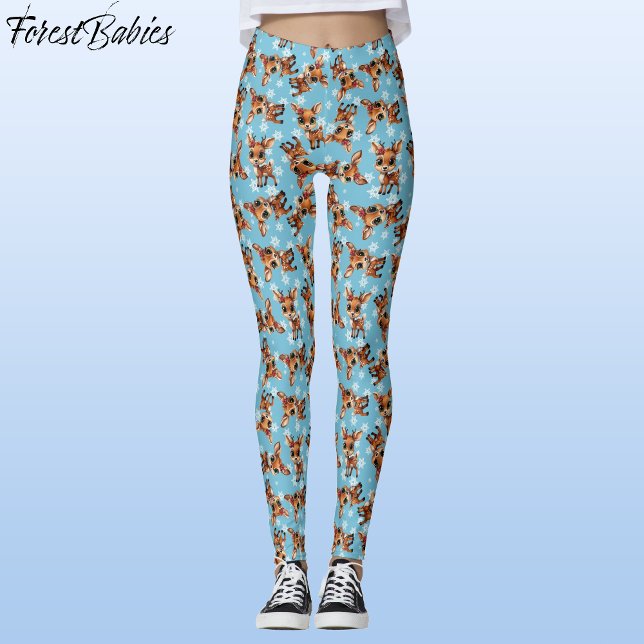 Leggings Bébé cerf, pie, Doe, renne 🦌 🎄 bleu, Flamme de n (Cute Baby Floral Deer, Fawn, Doe Lover, Reindeer Antlers, Snowflake Pattern, Blue Leggings 🦌 🎄)