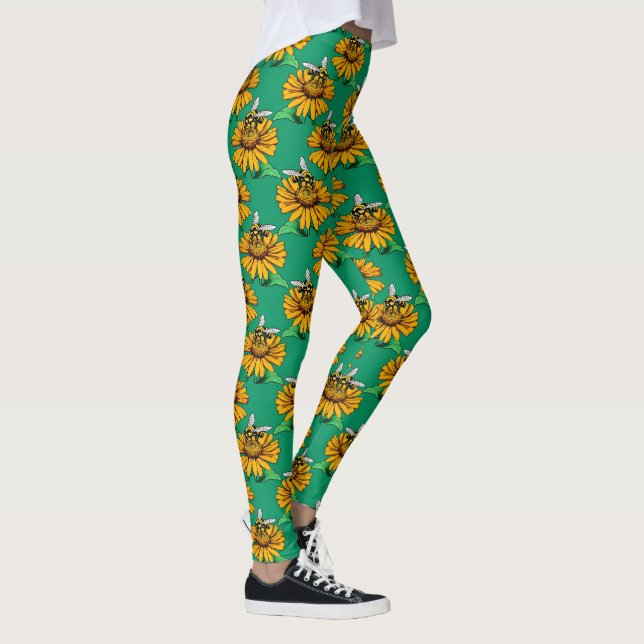 Leggings Bee on Sunflower Flower Pattern Design Green  (Droite)