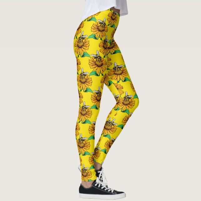 Leggings Bee on Sunflower Flower Pattern Design Yellow  (Créateur téléchargé)