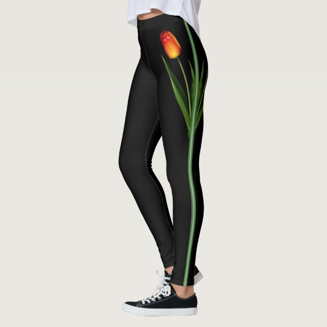 Leggings Belle Fleur de Tulipe sur Fond Noir (Gauche)