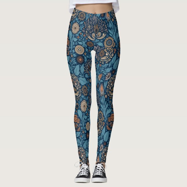 Leggings Belle Flore en Bleu et Beige (Devant)