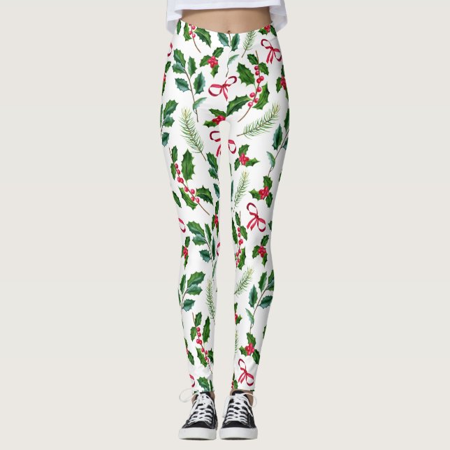 Leggings Belle Joyeuses Fêtes Aquarelle Motif vert (Devant)
