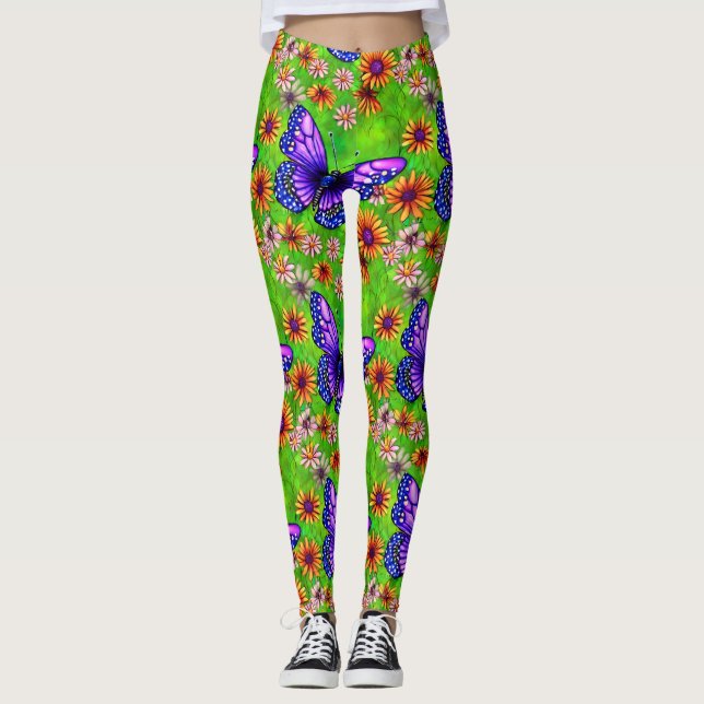 Leggings Belle prairie à papillon pourpre (Devant)