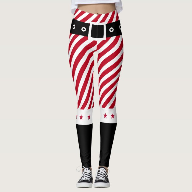 Leggings Belle Red White Stripes Sucre de canne Étoiles Noë (Devant)