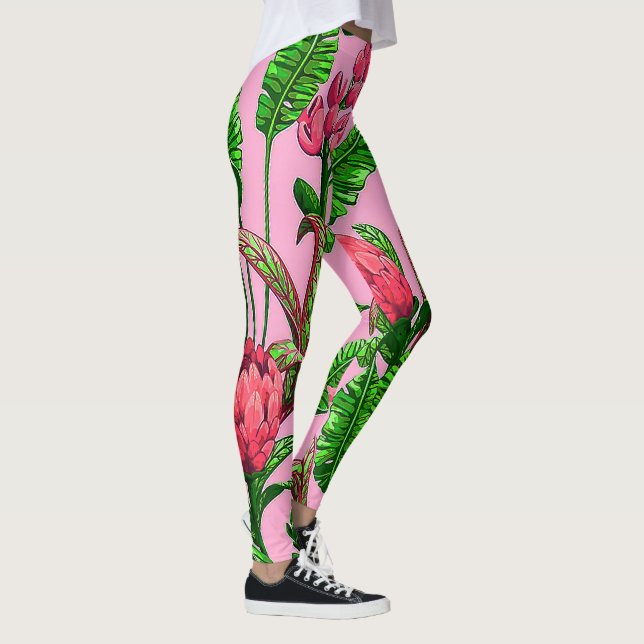 Leggings Belles feuilles vertes tropicales avec fleurs roug (Droite)