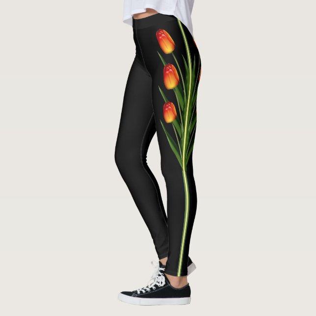 Leggings Belles fleurs de tulipes sur fond noir (Gauche)