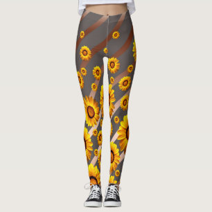 Leggings Belles fleurs jaunes sur gris, rayures marron