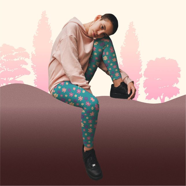 Leggings Belles fleurs sur Motif arrière - plan vert foncé (Créateur téléchargé)