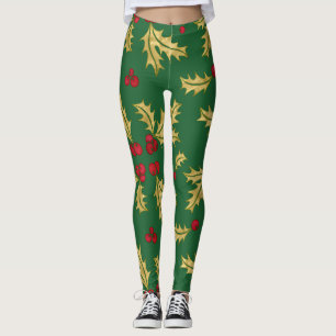 Leggings Berries et Feuilles Red & Gold Holly en aquarelle
