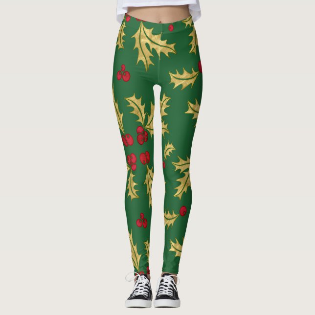 Leggings Berries et Feuilles Red & Gold Holly en aquarelle (Devant)