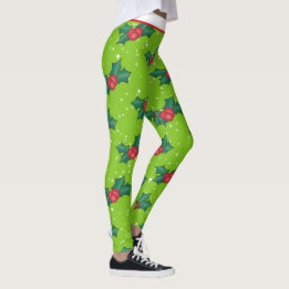 Leggings Berries Holly avec neige et étoiles sur vert clair