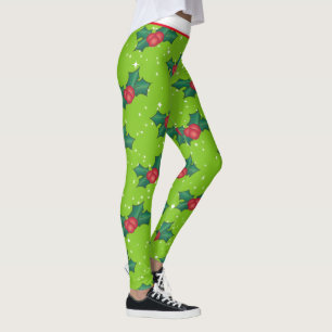 Leggings Berries Holly avec neige et étoiles sur vert clair