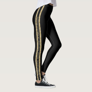 Leggings Black and Gold Glitter Custom Text Athletic Stripe