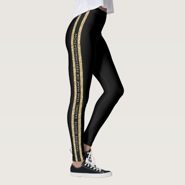 Leggings Black and Gold Glitter Custom Text Athletic Stripe (Droite)
