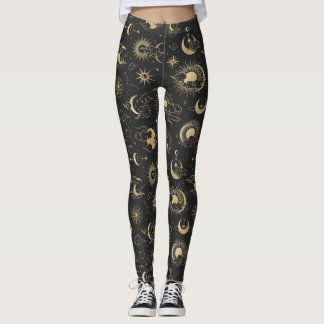 Leggings Black and Gold Moon Star Sun Astrology Art