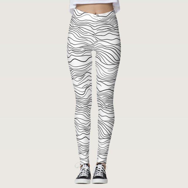 Leggings Black and White Hand-Drawn Wavy Line Pattern (Devant)