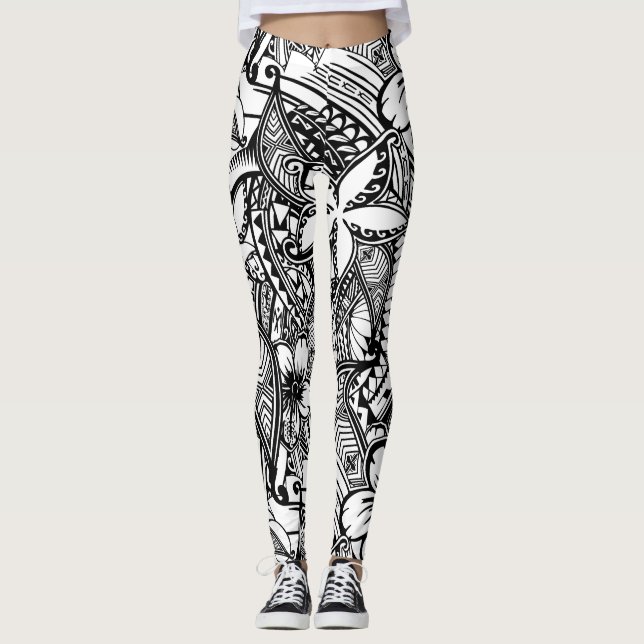 Leggings Black and White Hawaiian - Polynésie Tribal Print (Devant)