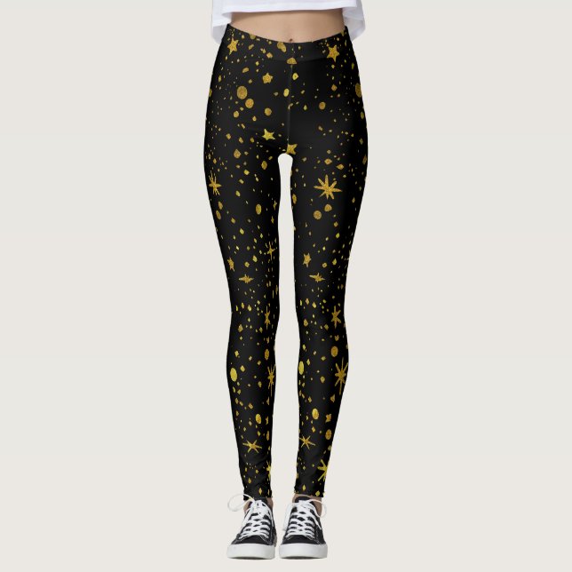 Leggings Black Gold Stars Motif Yoga Abstrait (Devant)