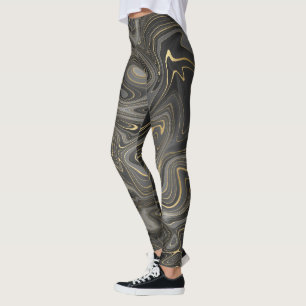 Leggings Black Grey Gold Marbre Swirl Agate Strata Femmes