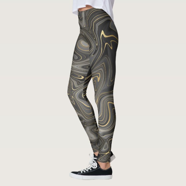 Leggings Black Grey Gold Marbre Swirl Agate Strata Femmes (Gauche)
