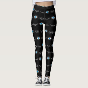 Leggings Black & Silver Blue Evil Eye Eyelashes Nazar Mati 
