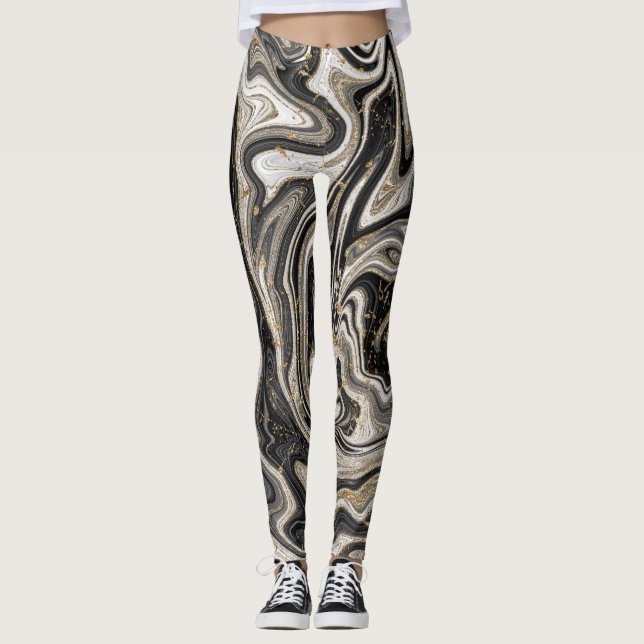 Leggings Black White & Gold Chic Swirl Moderne Abstrait (Devant)