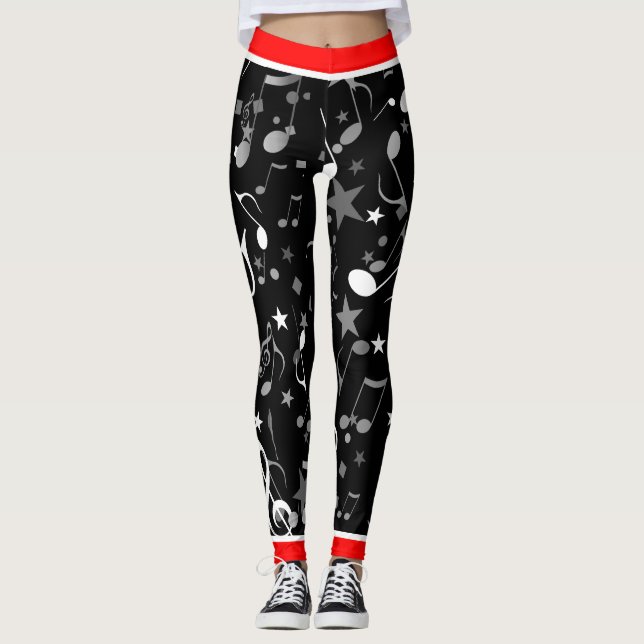 Leggings Black White Grey Music Notes et Red Trim sur BLACK (Devant)