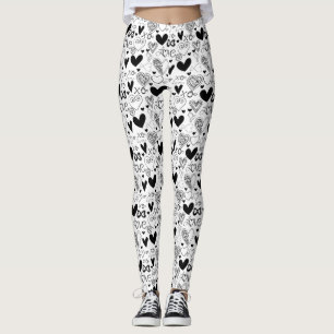 Leggings Black White Hearts Amour