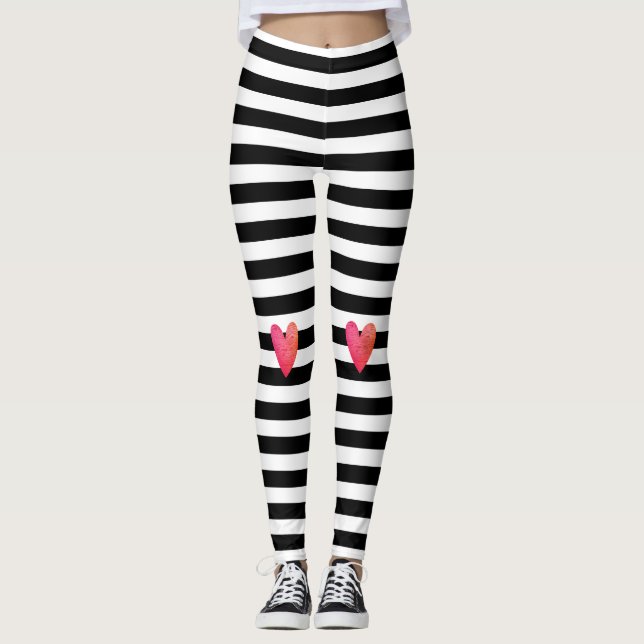 Leggings Black White Stripe tendance Coeur rose Valentine (Devant)