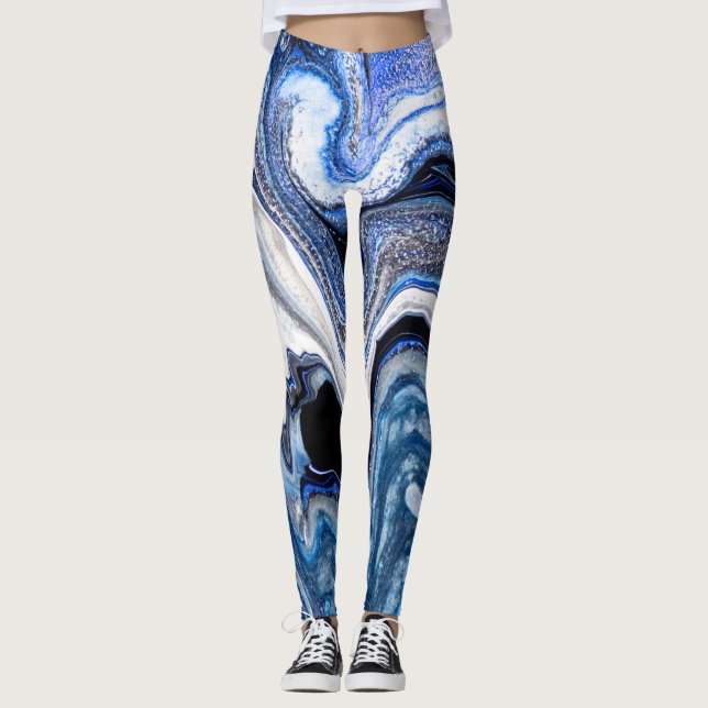 Leggings Blanc argenté, texture marbré d'eau profonde. (Devant)