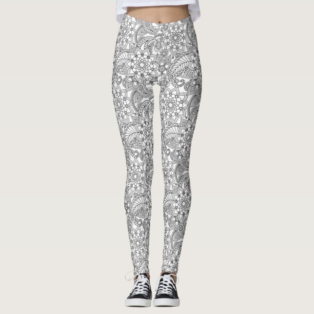 Leggings Blanc avec Motif de dentelle florale gris clair (Devant)