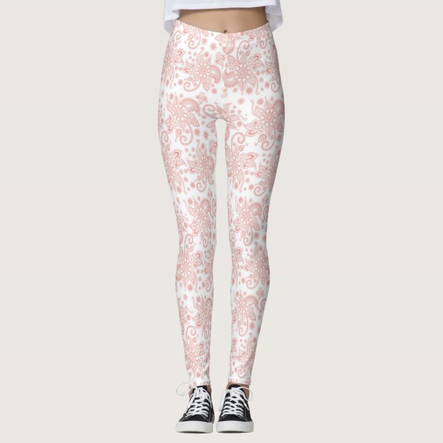 Leggings Blanc avec Motif de dentelle rose (Devant)