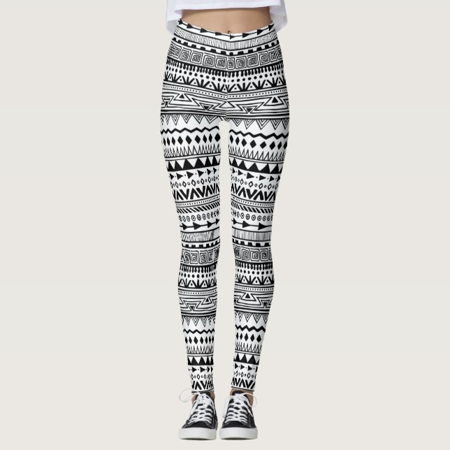 Leggings Blanc avec Motif de design ethnique noir (Devant)